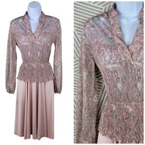 Vintage 60/70s Shirt Dress size XS Small Pastel Pink Lace Top Secretary Pleated